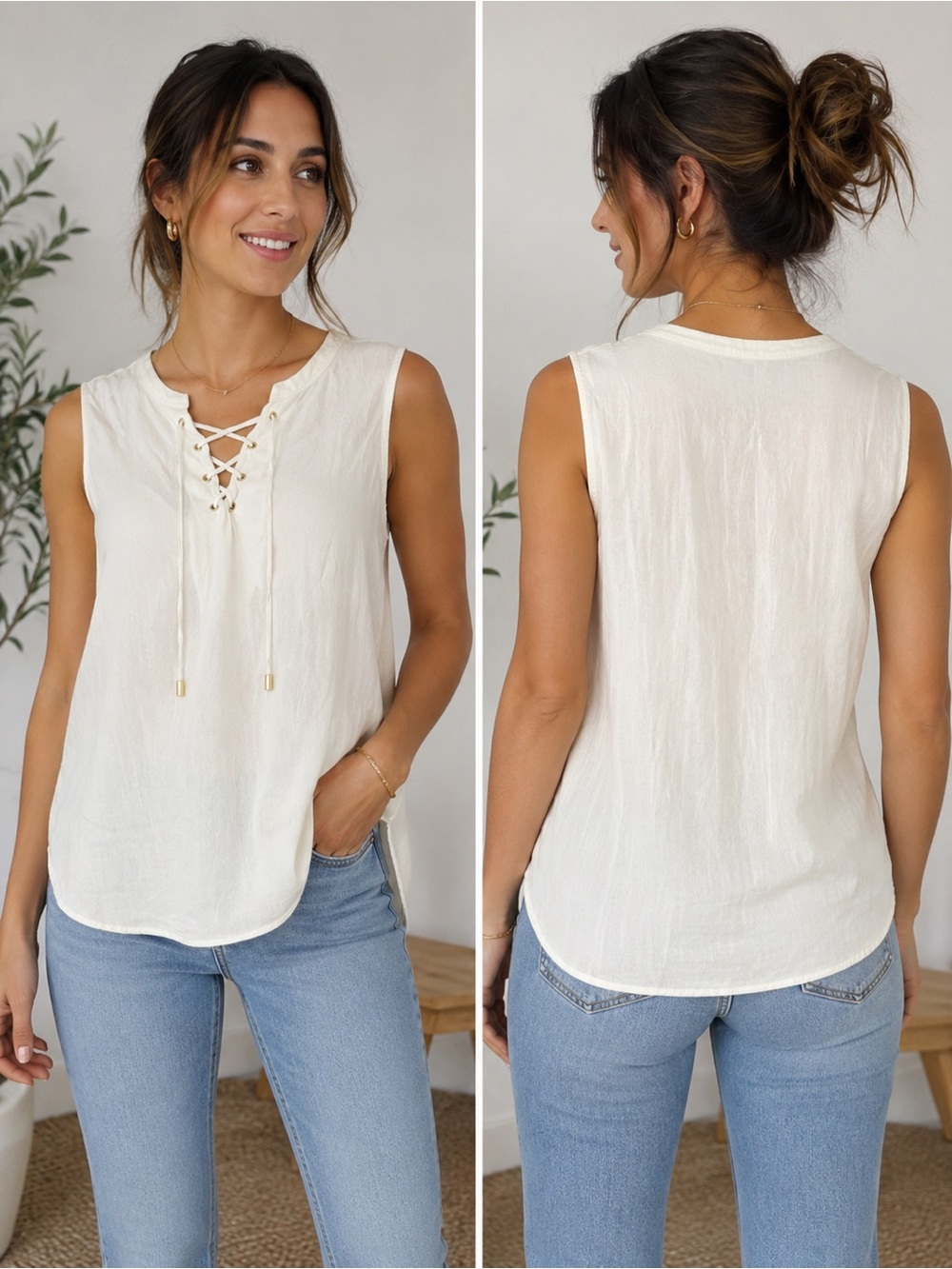 Kismet Sleeveless Lace-Up Blouse Ivory Semi-Sheer Size XL